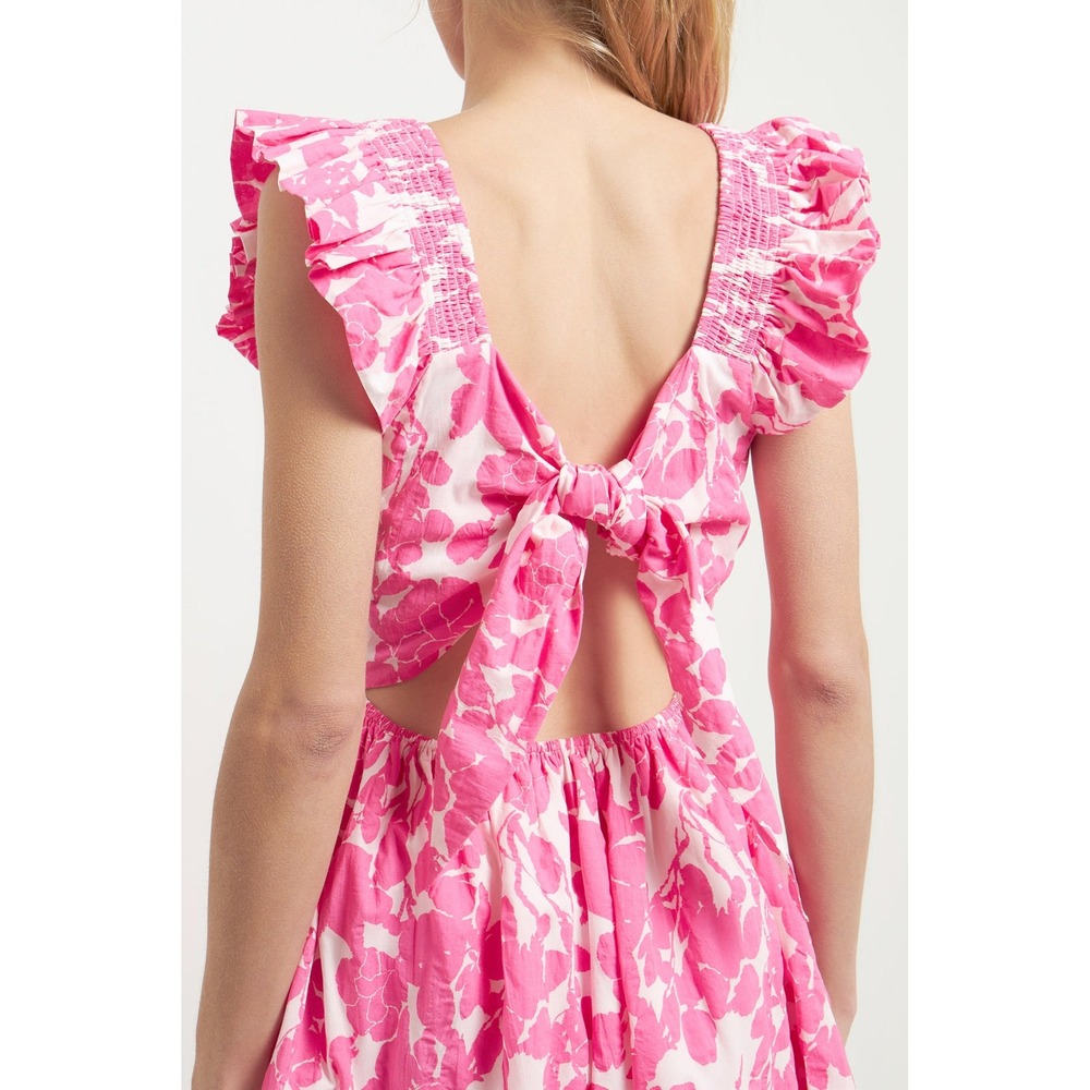 English Factory Pink Floral Tiered Maxi Dress Ruffle Tie Back Cutout Small